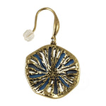 Textured Round Organic Pendant Gold/Blue Necklace Set gold-toned drop earring with an organic pendant featuring a textured, circular shape and blue radial cutouts.