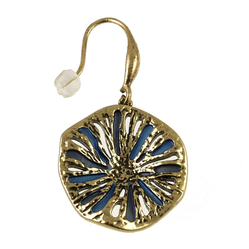 Textured Round Organic Pendant Gold/Blue Necklace Set gold-toned drop earring with an organic pendant featuring a textured, circular shape and blue radial cutouts.