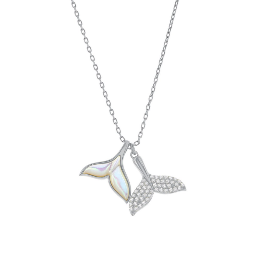 The Classic of New York Sterling Silver Mother-of-Pearl & CZ Double Whale Tail Necklace features two pendants: one with iridescent mother-of-pearl inlay and the other sparkling with cubic zirconia.