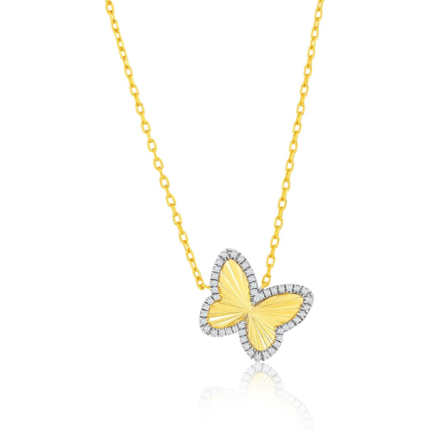 The Classic of New York Gold Plated Butterfly & CZ Outline Necklace features a delicate butterfly pendant outlined in sparkling CZ stones, shown on a white background.