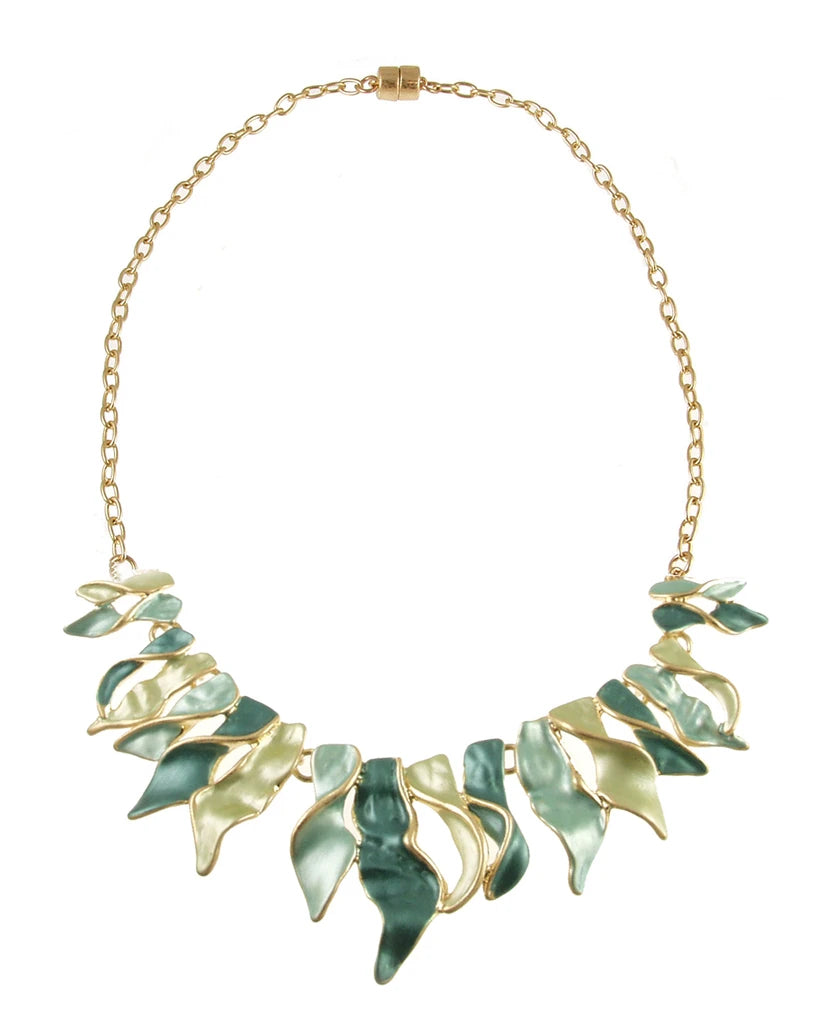 Origin Matte Gold/Green-Aqua Tone Twist Necklace set featuring a matte gold twist chain with a central arrangement of leaf-shaped charms in shades of green and aqua.