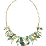 Origin Matte Gold/Green-Aqua Tone Twist Necklace set featuring a matte gold twist chain with a central arrangement of leaf-shaped charms in shades of green and aqua.