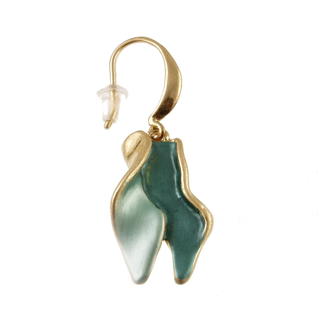 Gold dangle earring with abstract, layered green and aqua enamel shapes from the Origin Matte Gold/Green-Aqua Tone Twist Necklace Set.