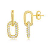 Classic of New York’s Gold Plated Micro Pave Paperclip Earrings feature a rectangular open-link design with sparkling white gemstones. One earring is shown front-on, the other side-on, displaying the post and butterfly back.