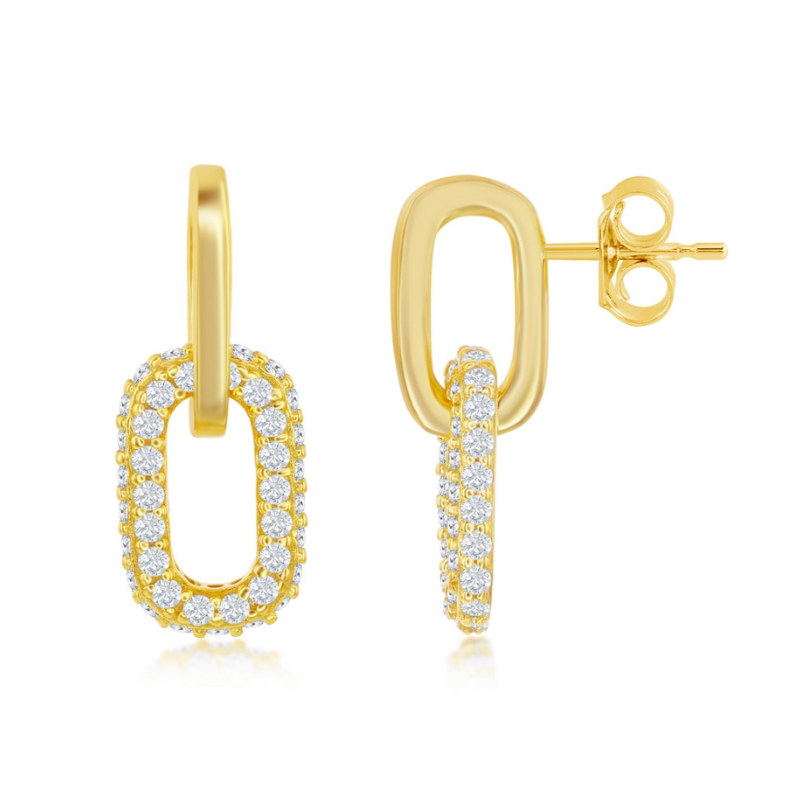 Classic of New York’s Gold Plated Micro Pave Paperclip Earrings feature a rectangular open-link design with sparkling white gemstones. One earring is shown front-on, the other side-on, displaying the post and butterfly back.