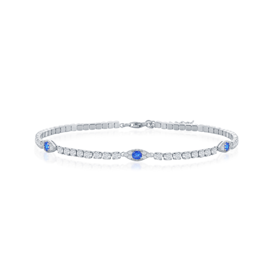 The Classic of New York Sterling Silver/CZ Evil Eye Tennis Bracelet features clear round gemstones with three blue accents, displayed on a white background.