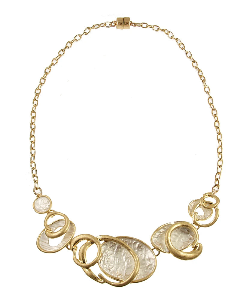 Origin Matte Gold/White Discs w/Offset Gold Rings Necklace set featuring a series of white discs accented with overlapping gold rings.