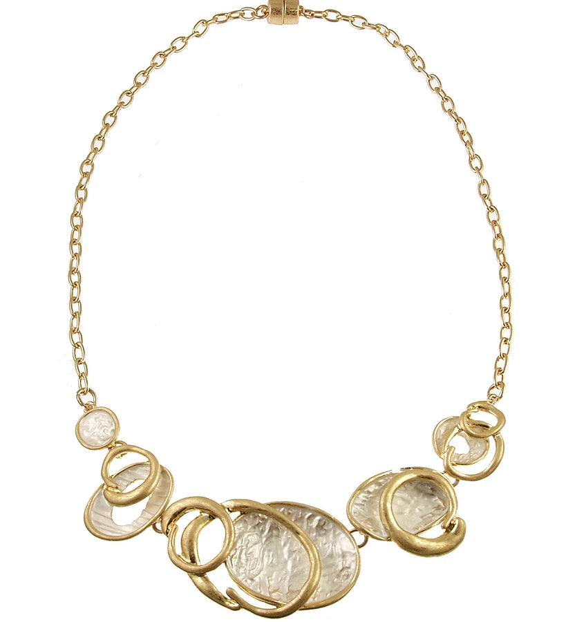 Origin Matte Gold/White Discs w/Offset Gold Rings Necklace set featuring a series of white discs accented with overlapping gold rings.