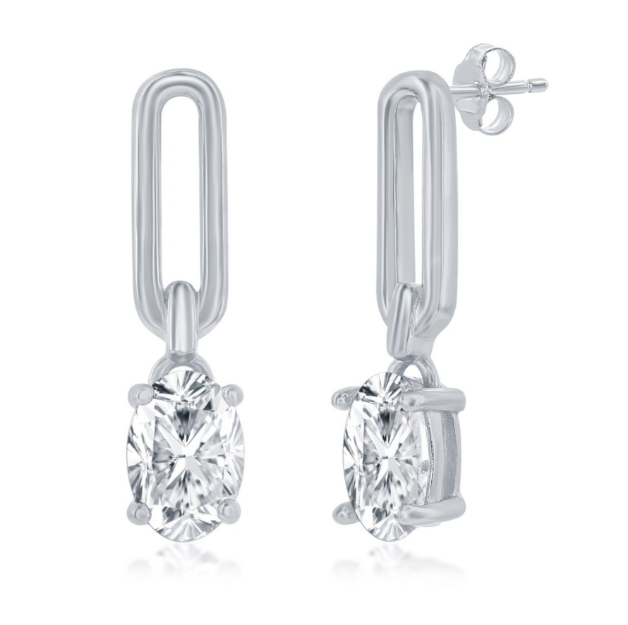 Classic of New Yorks Sterling Silver Paperclip w/Oval CZ Dangle Earrings feature elongated oval links, a sparkling oval-cut CZ dangle, rhodium plating, and secure post back closures.