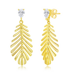 Classic of New York Gold Plated Leaf Cut Out w/CZ Post Dangle Earrings feature a polished leaf design with a sparkling cubic zirconia post, elegantly displayed on a white background.