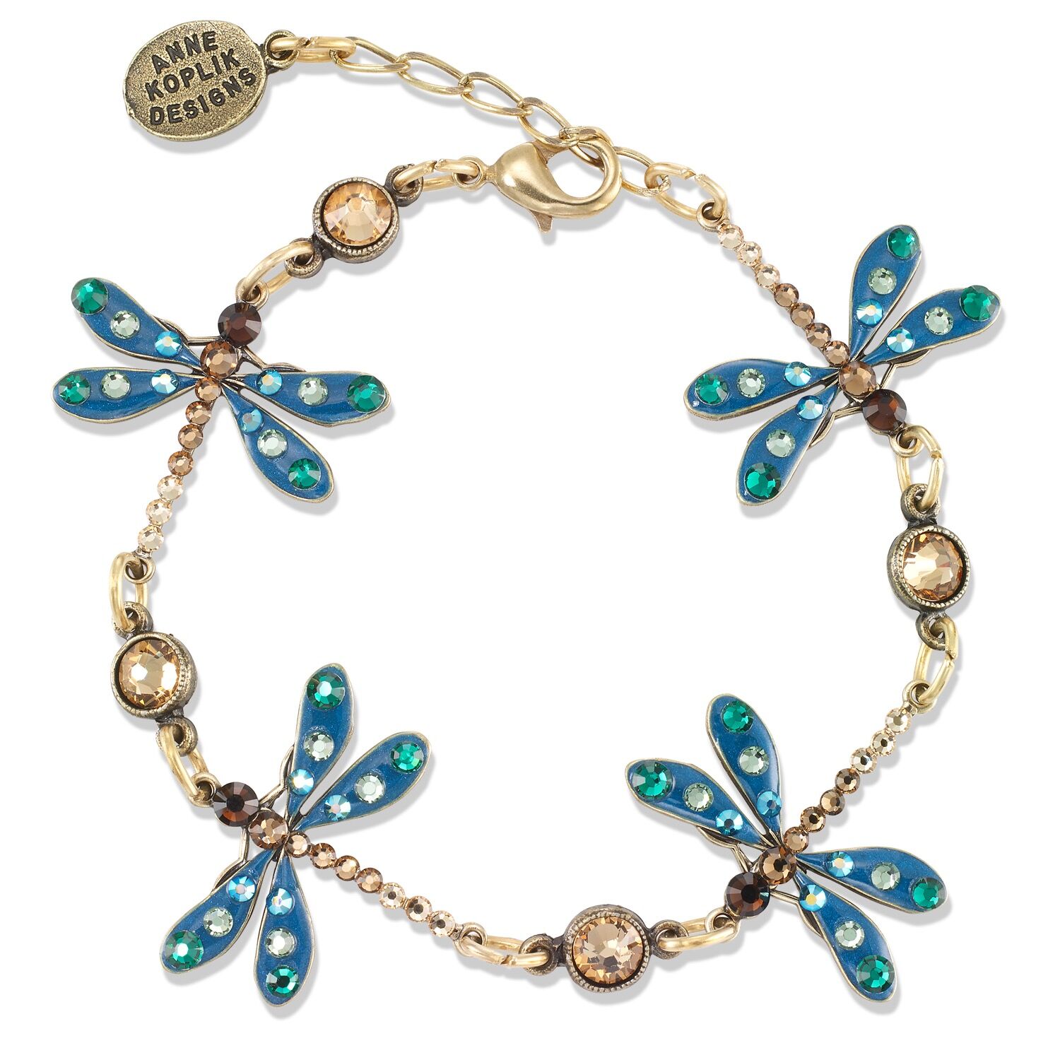 The Enamel & Stone Dragonflies w/4 Drops Bracelet by Anne Koplik Designs, Inc. features four blue dragonflies with teal and green crystal accents and round brown gemstones.