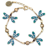 The Enamel & Stone Dragonflies w/4 Drops Bracelet by Anne Koplik Designs, Inc. features four blue dragonflies with teal and green crystal accents and round brown gemstones.