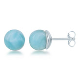 Classic of New York Larimar 6MM Bead Post Earrings feature smooth Caribbean blue gemstones set in sterling silver with butterfly backs. One earring is shown from the front and one from the side to highlight the setting.