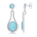 The Classic of New York ER: Larimar Oval in Sterling Silver Teardrop earrings feature oval Caribbean blue stones at the center and smaller round stones atop, showcased from front and side views.