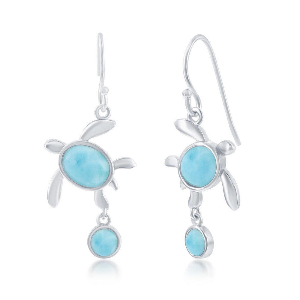 The Classic of New York Larimar Small Turtle w/Round Drop Dangle Earrings feature sterling silver sea turtles with blue Dominican Larimar shell and a small round blue stone hanging below.