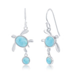 The Classic of New York Larimar Small Turtle w/Round Drop Dangle Earrings feature sterling silver sea turtles with blue Dominican Larimar shell and a small round blue stone hanging below.