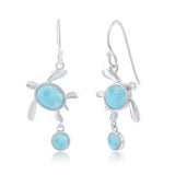 The Classic of New York Larimar Small Turtle w/Round Drop Dangle Earrings feature sterling silver sea turtles with blue Dominican Larimar shell and a small round blue stone hanging below.