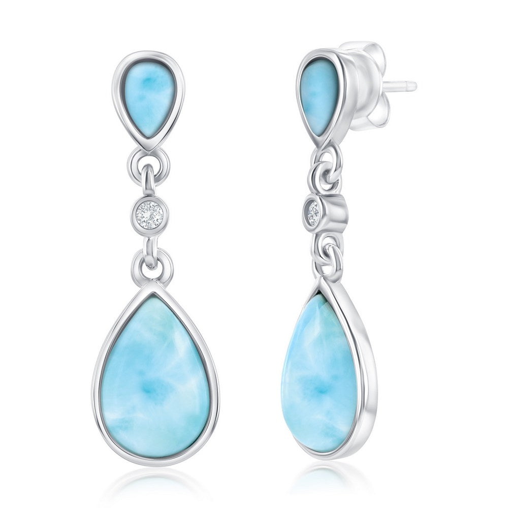Classic of New York Larimar Double Pear w/Bezel Post Dangle Earrings feature sterling silver drops with teardrop Caribbean blue stones, a smaller blue teardrop on top, and a round clear center stone.