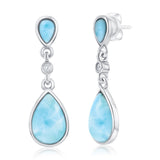 Classic of New York Larimar Double Pear w/Bezel Post Dangle Earrings feature sterling silver drops with teardrop Caribbean blue stones, a smaller blue teardrop on top, and a round clear center stone.