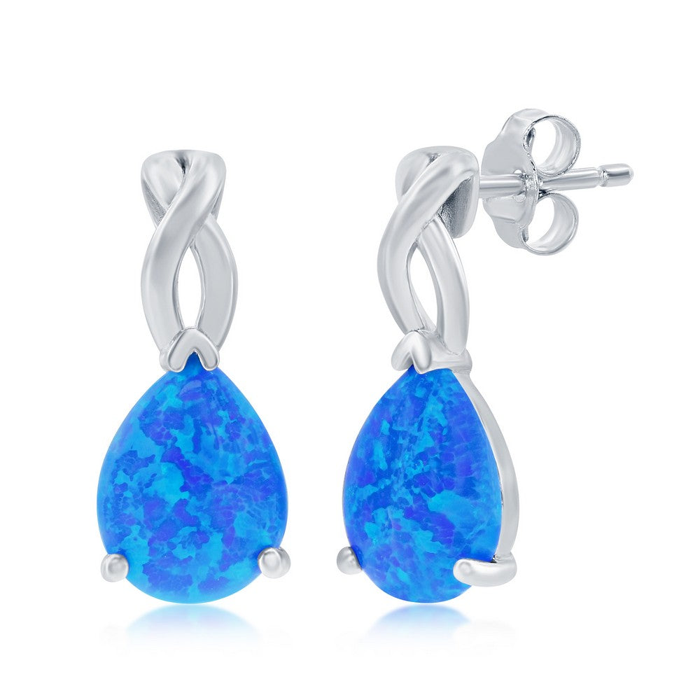The Caribbean Opal Teardrop Twist Post Earrings by Classic of New York feature twisted sterling silver tops and teardrop-shaped blue opals, shown against a white background.