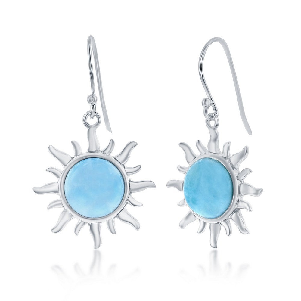The Larimar Sun Dangle Earrings by Classic of New York feature sterling silver sun-shaped designs with Caribbean blue Larimar gemstone centers and stylized sunray accents.