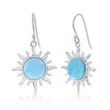 The Larimar Sun Dangle Earrings by Classic of New York feature sterling silver sun-shaped designs with Caribbean blue Larimar gemstone centers and stylized sunray accents.
