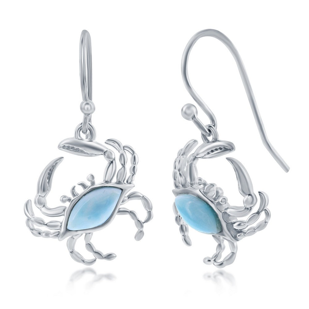 Classic of New York Larimar Crab Dangle Earrings feature sterling silver crab shapes with Caribbean blue larimar oval bodies, detailed claws and legs, shown on a white background.