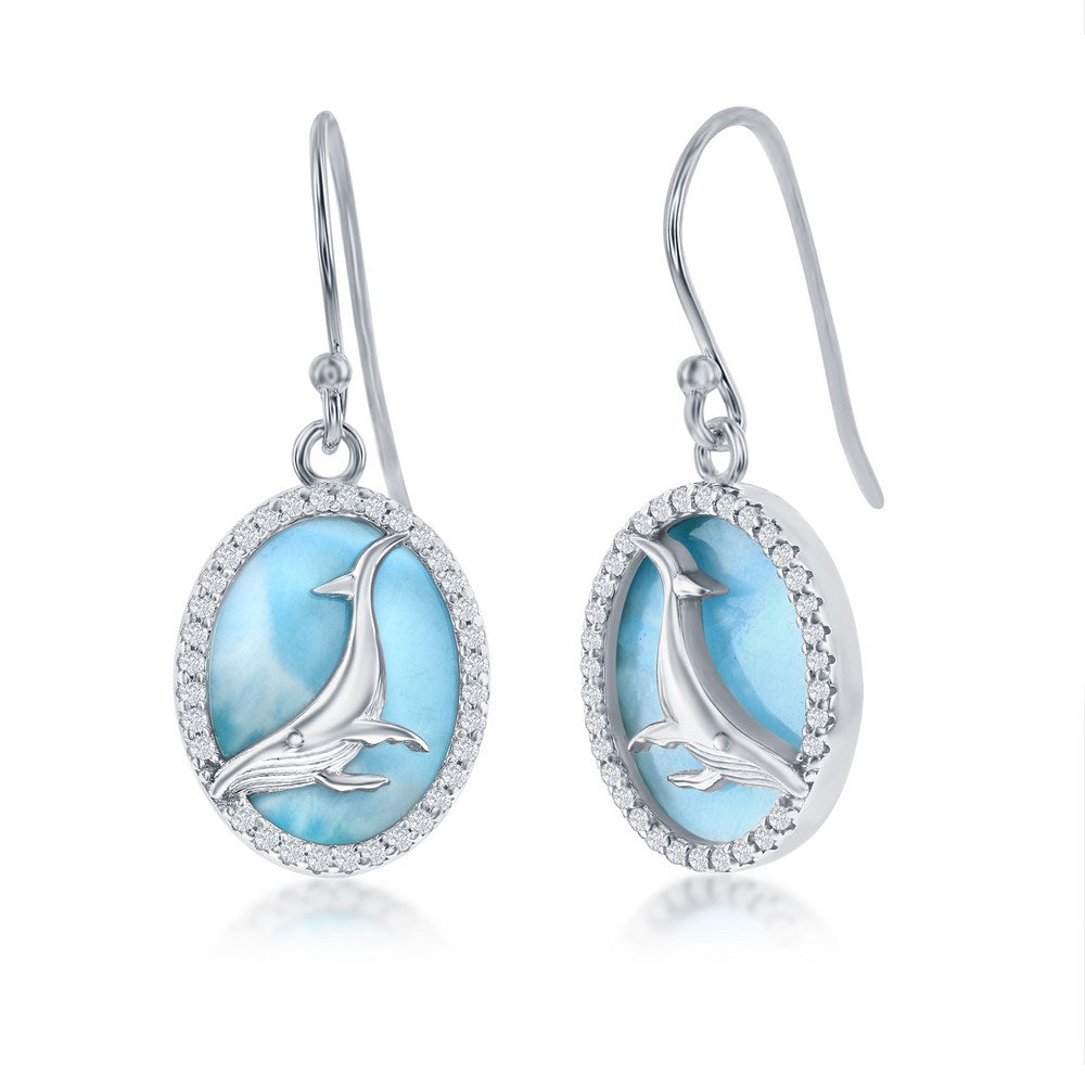 Classic of New York Larimar earrings feature center whale designs and sparkling CZ outlines, set in sterling silver with oval Caribbean blue backgrounds for a striking look.
