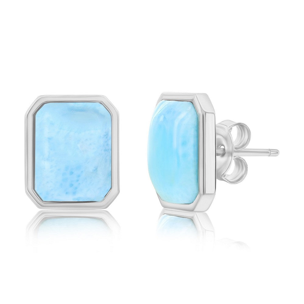Larimar Rectangle Bezel Set Post Earrings by Classic of New York, showcasing Caribbean blue stones in sterling silver frames, displayed from front and side views on a white background.