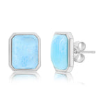 Larimar Rectangle Bezel Set Post Earrings by Classic of New York, showcasing Caribbean blue stones in sterling silver frames, displayed from front and side views on a white background.