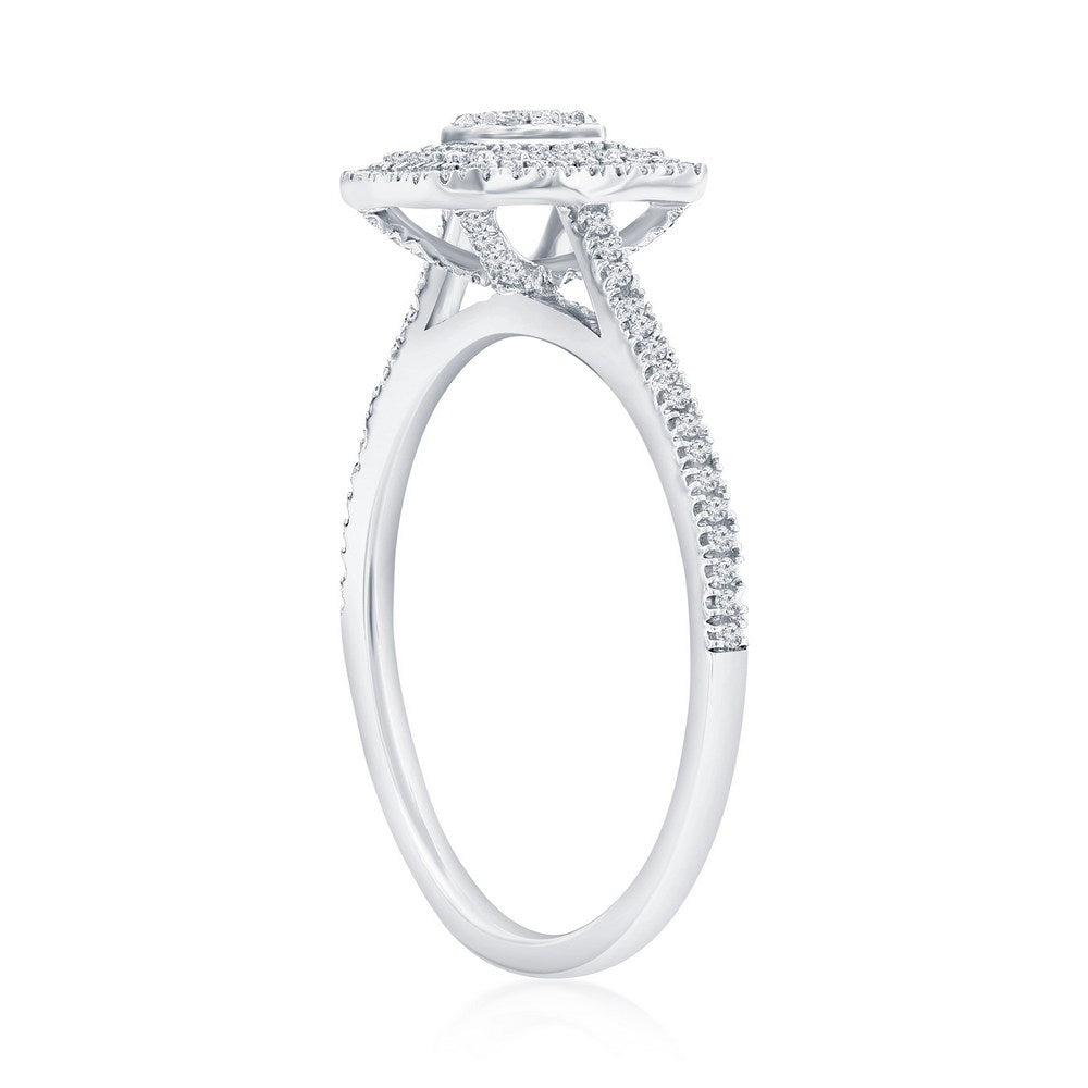 Side view of an RG: Double Frame Emerald Diamond-(119 Stones) Size 8-SS silver-toned ring, featuring a double frame emerald-cut setting and pavé-set diamonds along the band.