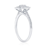 Side view of an RG: Double Frame Emerald Diamond-(119 Stones) Size 8-SS silver-toned ring, featuring a double frame emerald-cut setting and pavé-set diamonds along the band.