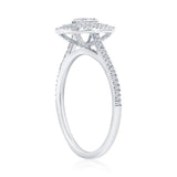 Side view of an RG: Double Frame Emerald Diamond-(119 Stones) Size 8-SS silver-toned ring, featuring a double frame emerald-cut setting and pavé-set diamonds along the band.