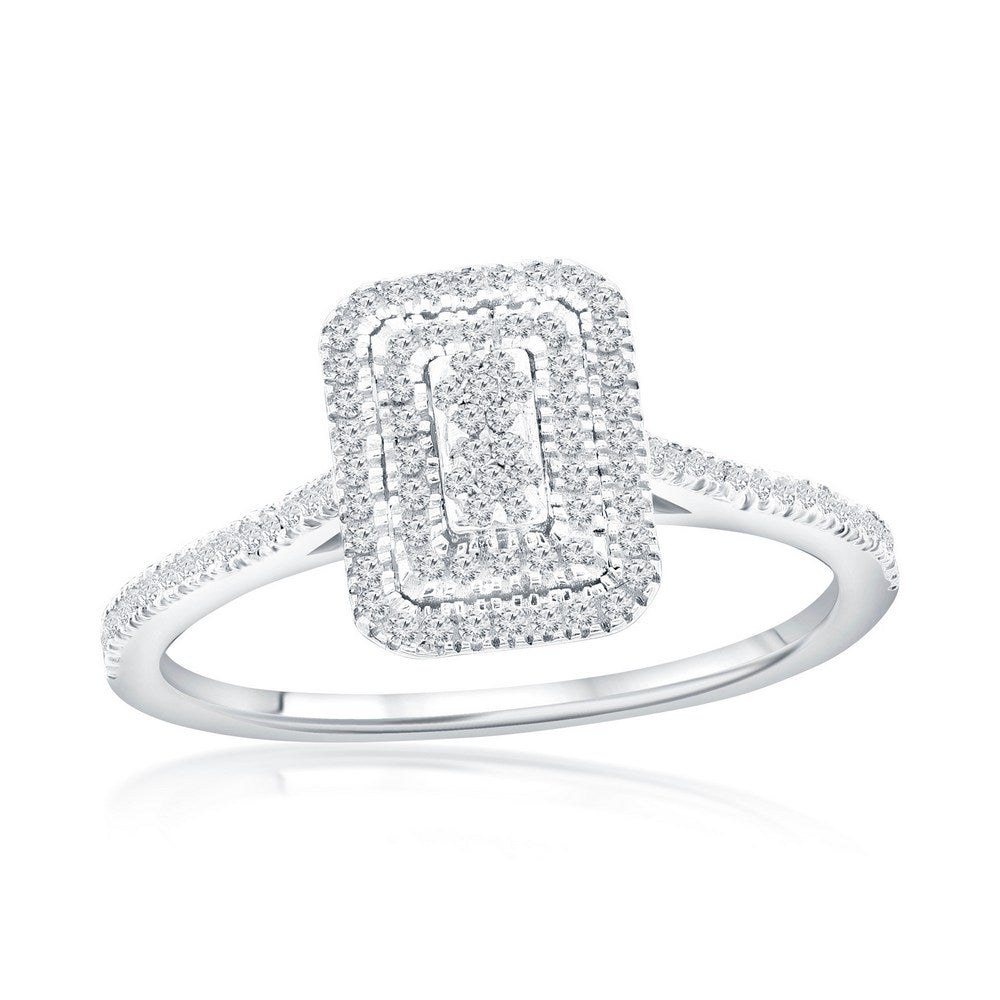 Classic of New York RG: Double Frame Emerald Diamond-(119 Stones) Size 8-SS silver ring featuring a rectangular emerald diamond head, a double halo of pave diamonds, a central cluster of diamonds, and a diamond-encrusted band.