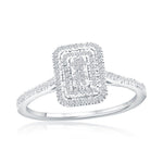 Classic of New York RG: Double Frame Emerald Diamond-(119 Stones) Size 8-SS silver ring featuring a rectangular emerald diamond head, a double halo of pave diamonds, a central cluster of diamonds, and a diamond-encrusted band.