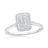 Classic of New York RG: Double Frame Emerald Diamond-(119 Stones) Size 8-SS silver ring featuring a rectangular emerald diamond head, a double halo of pave diamonds, a central cluster of diamonds, and a diamond-encrusted band.
