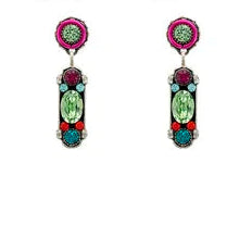 Firefly Geometric Elongated Oval Post Earring-Multicolor featuring an elongated geometric shape embellished with multicolored circular and oval crystals.