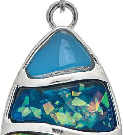 The A-Train ER: Silver Blue Abalone Shell Teardrop Shape earring has a blue stone top, an iridescent mosaic center, and a multicolored silver blue abalone shell bottom.