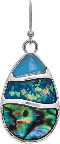 The A-Train ER: Silver Blue Abalone Shell Teardrop Shape earring has a blue stone top, an iridescent mosaic center, and a multicolored silver blue abalone shell bottom.