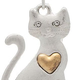 Introducing the A-Train ER: Two Tone Sittin Pretty Love Kitty earring, featuring a silver cat design with crystal eyes, engraved accents, and a gold heart on its chest for an elegant two-tone touch. The adorable cat sits gracefully with a curled tail, and the earring hook is attached at the top.