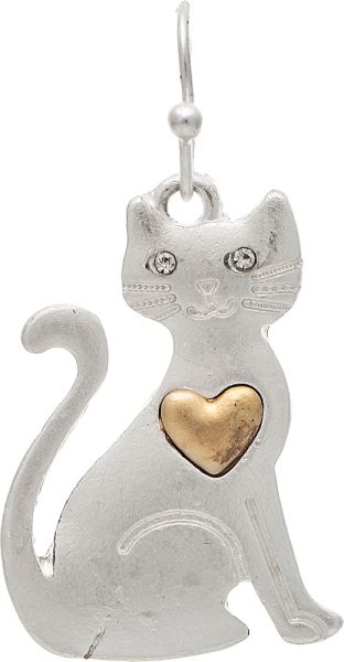 Introducing the A-Train ER: Two Tone Sittin Pretty Love Kitty earring, featuring a silver cat design with crystal eyes, engraved accents, and a gold heart on its chest for an elegant two-tone touch. The adorable cat sits gracefully with a curled tail, and the earring hook is attached at the top.
