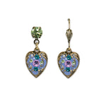 The Mini Enamel Heart Blue Earrings by Anne Koplik Designs, Inc. are elegant gold-toned earrings with heart-shaped blue pendants, featuring mismatched green stud and leverback clasps for a unique pastel crystal look.