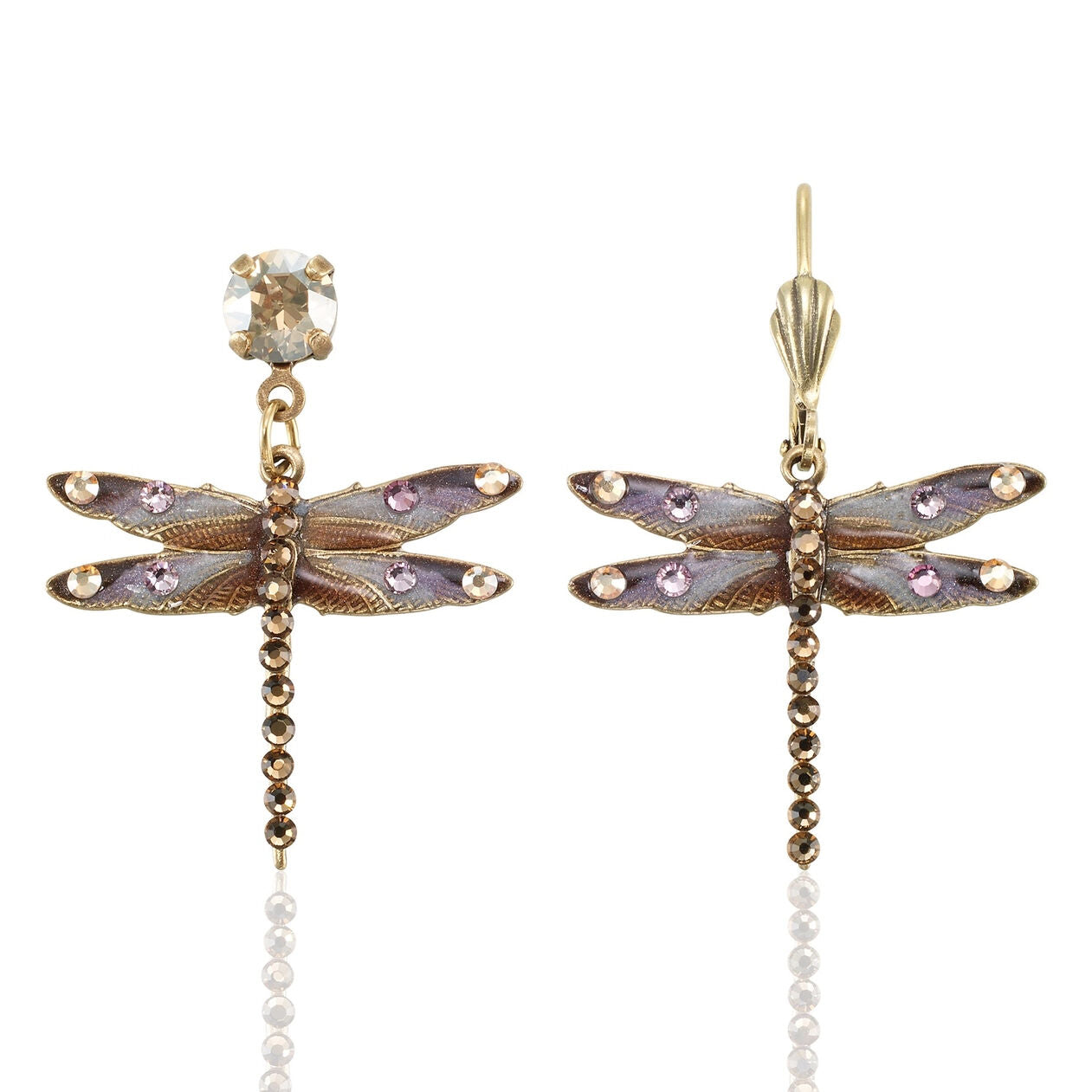 Enamel & Stone /Mocha & Lavender Dragonfly Earrings by Anne Koplik Designs, Inc. feature antiqued brass with detailed wings, pink gemstones, darker stone bodies, and a clear stone accent. Lead and nickel free. Made in the USA.
