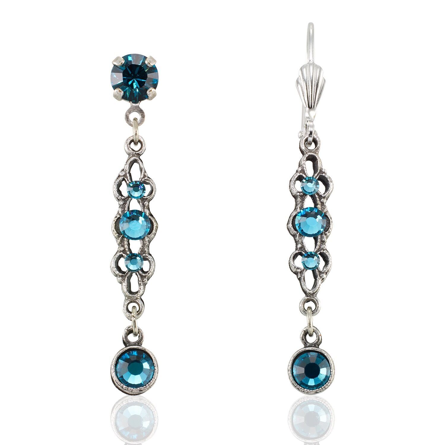 The Filigree Dangle Teal Crystals w/Drop Earrings by Anne Koplik Designs, Inc. feature ornate silver plating, intricate metalwork, and multiple vertically set teal crystals with hook fastenings for an elegant look.