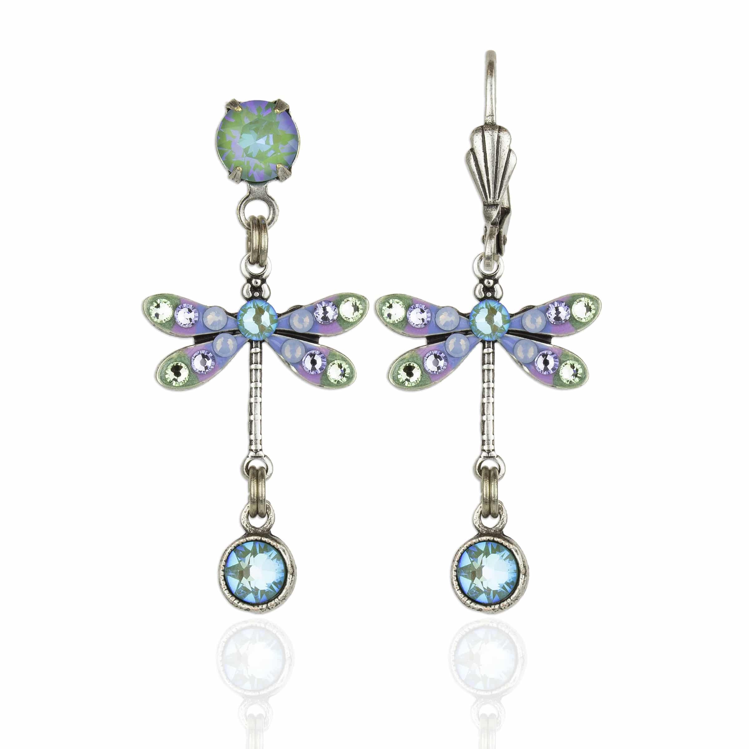 Mini Enamel/Stone Dragonfly Earrings by Anne Koplik Designs, Inc. feature hand-enameled blue, green, and purple accents and round crystals on silver-toned wings and bodies.