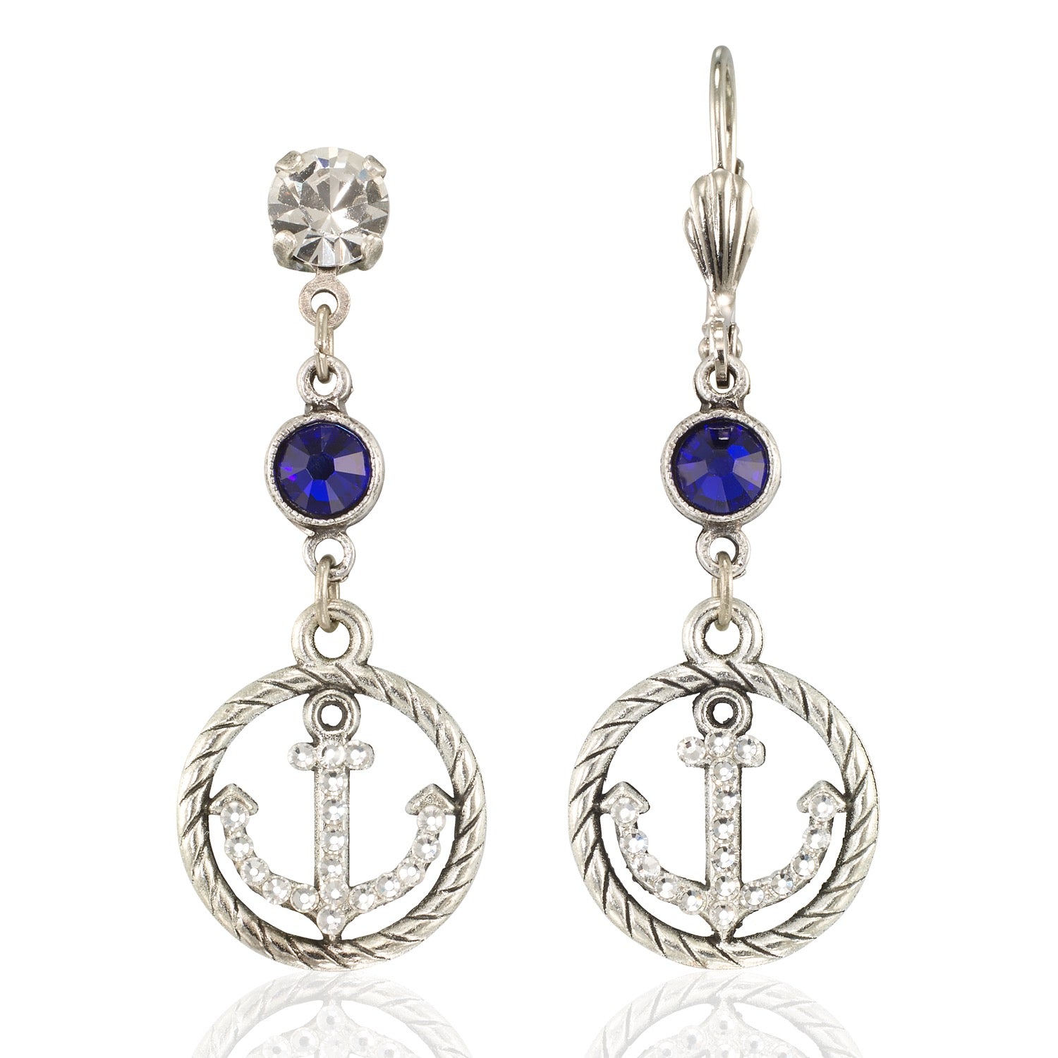 The Anne Koplik Designs ER: Silver & Crystal Nautical Anchor Dangle earrings feature clear and blue crystals with anchor-shaped charms—perfect seaside jewelry for any ocean lover.