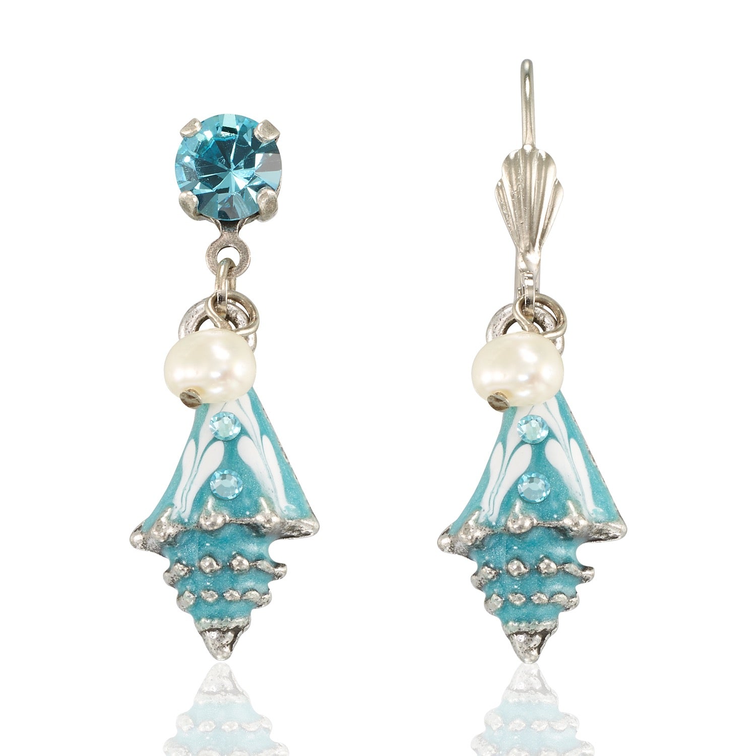 Anne Koplik Designs Pearl & Turquoise Enamel Conch Shell Dangle Earrings feature blue crystal studs, cream pearls, and hand-enameled blue shell pendants—perfect for fans of ocean-inspired jewelry.