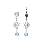 Mini Moon & Stars w/Drop Earrings by Anne Koplik Designs, Inc. feature a silver-tone hand-enameled crescent moon and star center with iridescent gemstones, plus round gems at the top and bottom of each earring.