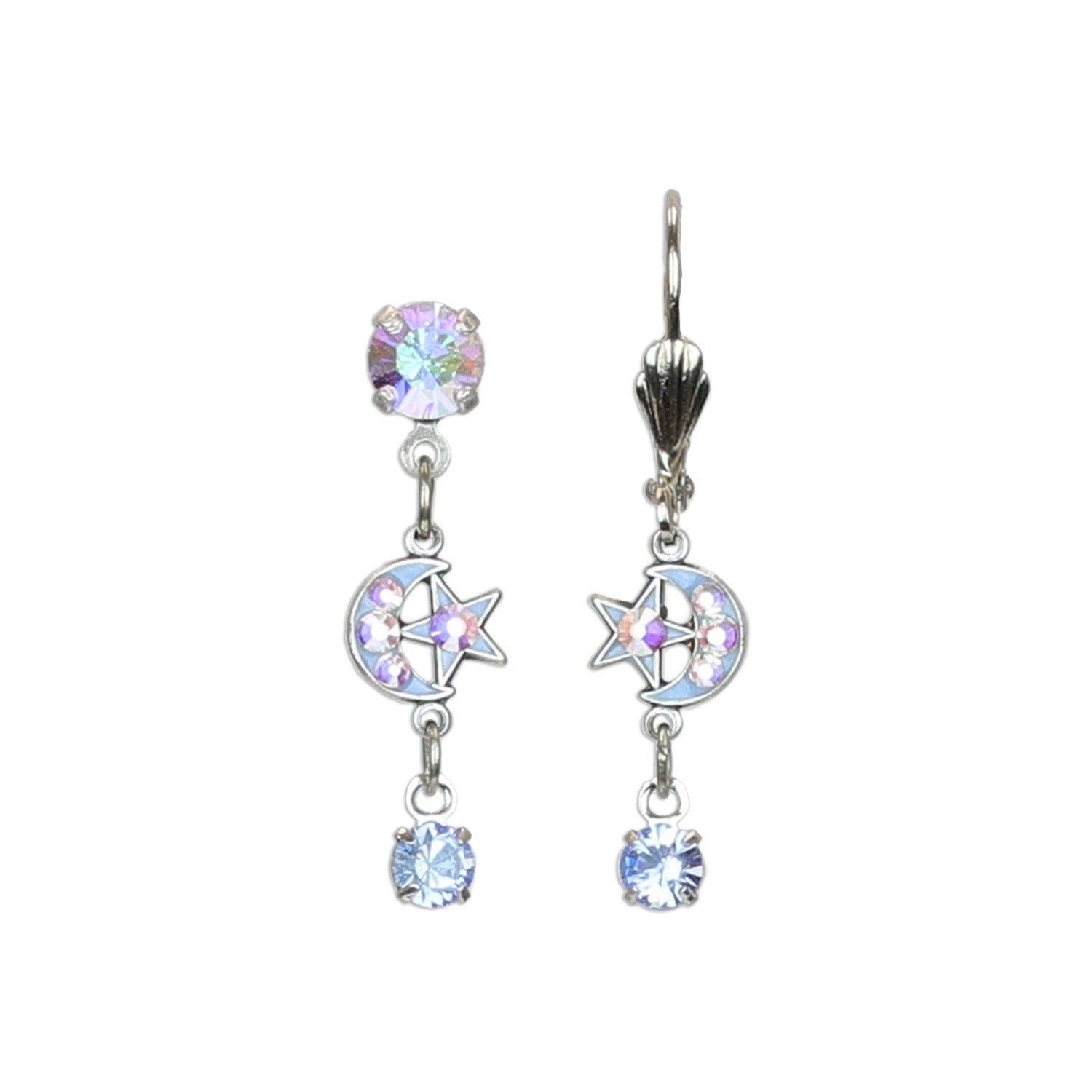Mini Moon & Stars w/Drop Earrings by Anne Koplik Designs, Inc. feature a silver-tone hand-enameled crescent moon and star center with iridescent gemstones, plus round gems at the top and bottom of each earring.