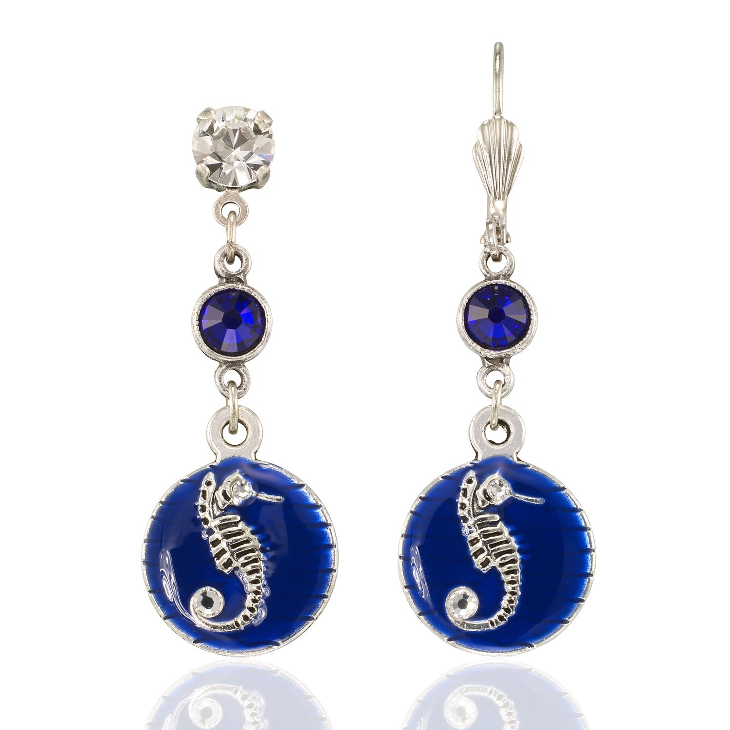 Blue Enamel Disc w/Seahorse Dangle Earrings by Anne Koplik Designs, Inc. feature silver seahorse charms, blue enamel discs, clear stones, and seashell-shaped hooks for a stylish ocean-inspired look.